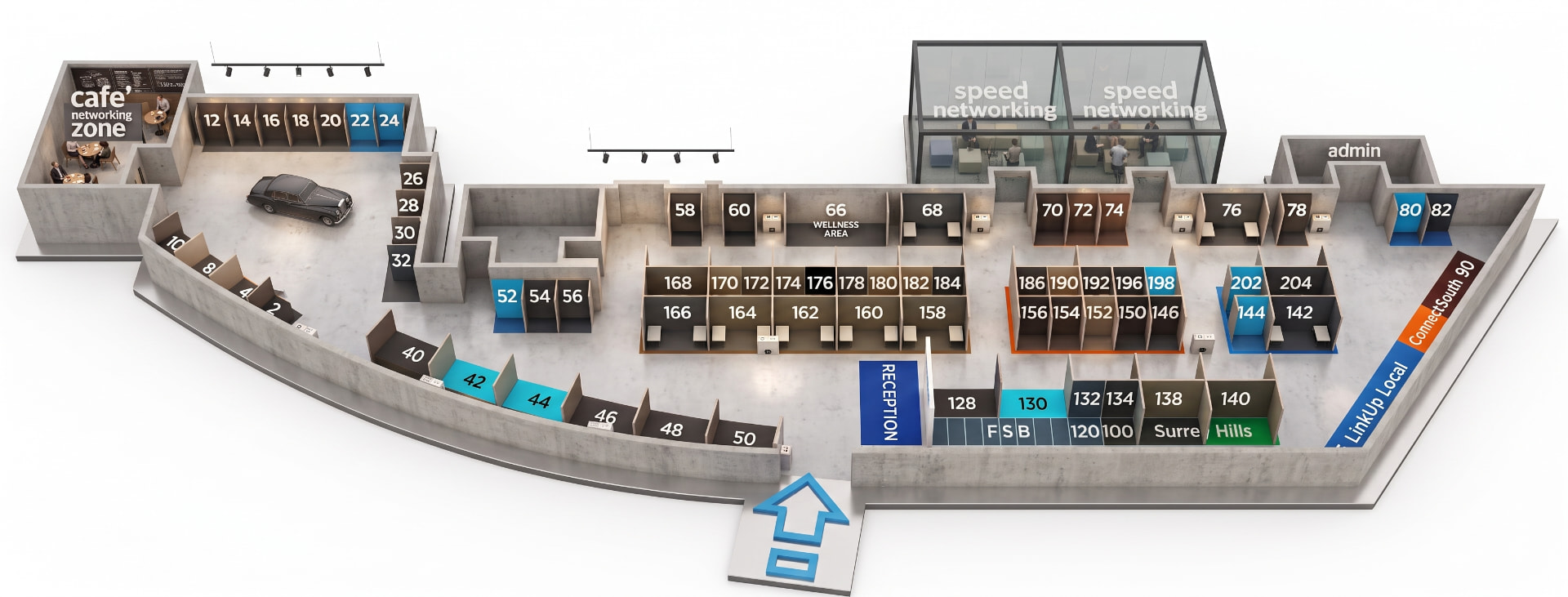 Artist impression of the Surrey Business Expo 2026 floorplan showing stand numbers and availability